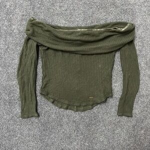 Hollister Shirt Womens XS Green Off Shoulder Ribbed Long Sleeve Crop Top Thermal